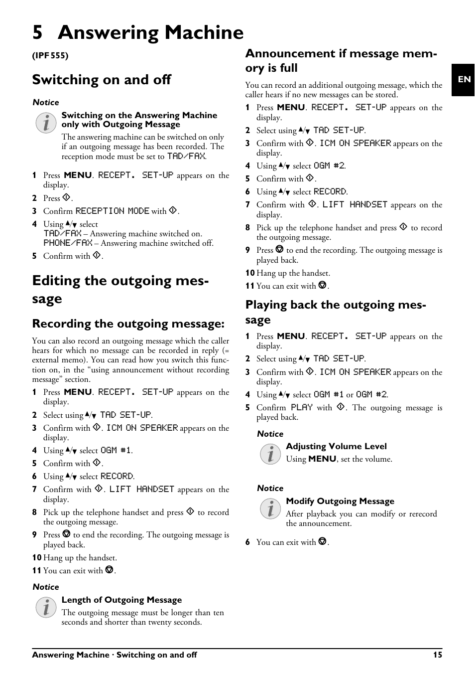 5 answering machine, Switching on and off, Editing the outgoing message | Recording the outgoing message, Announcement if message memory is full, Playing back the outgoing message, Switching on and off editing the outgoing message, Editing the outgoing mes- sage, Announcement if message mem- ory is full, Playing back the outgoing mes- sage | Philips FAXJET IPF525 User Manual | Page 15 / 44