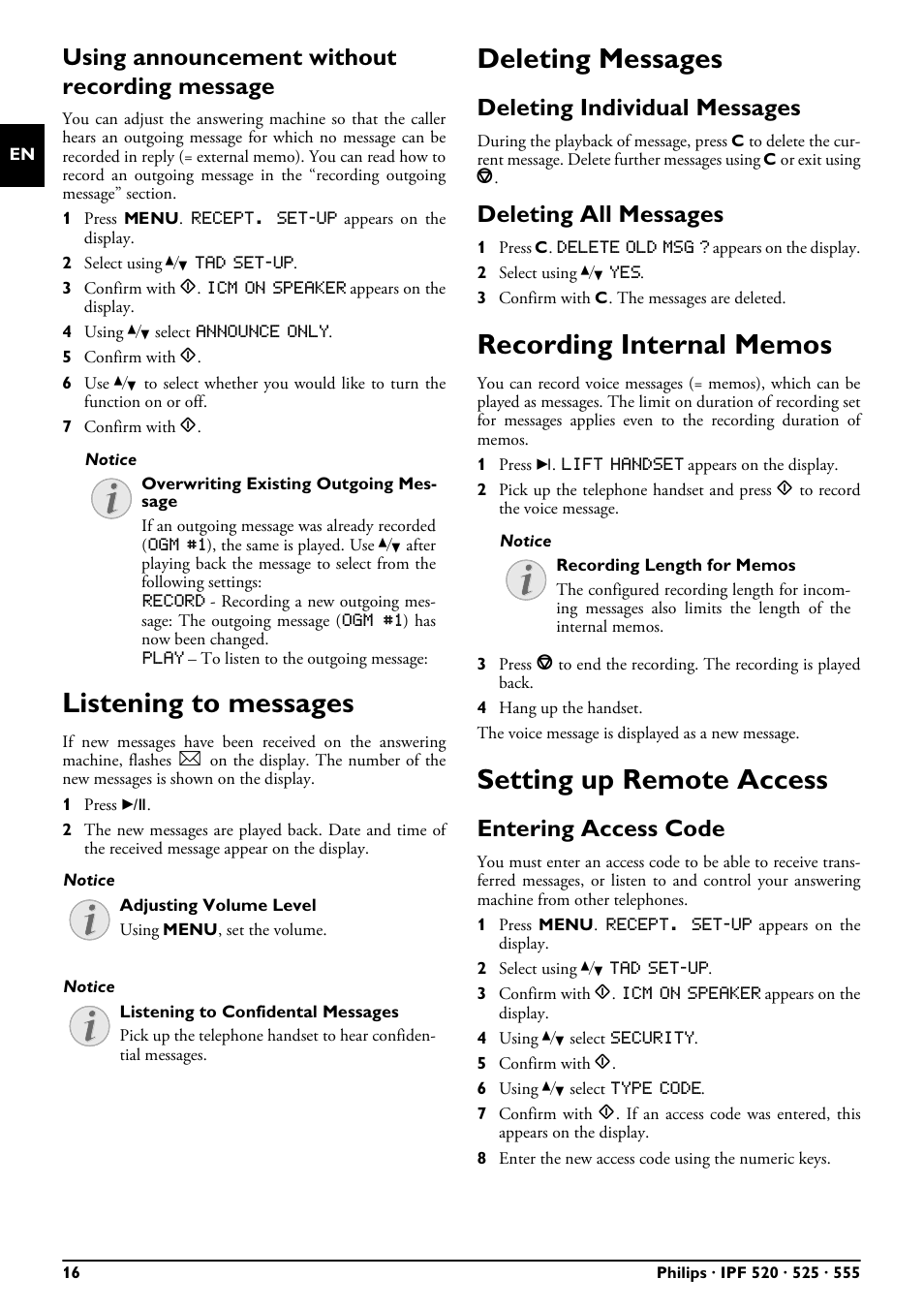 Using announcement without recording message, Listening to messages, Deleting messages | Deleting individual messages, Deleting all messages, Recording internal memos, Setting up remote access, Entering access code | Philips FAXJET IPF525 User Manual | Page 16 / 44