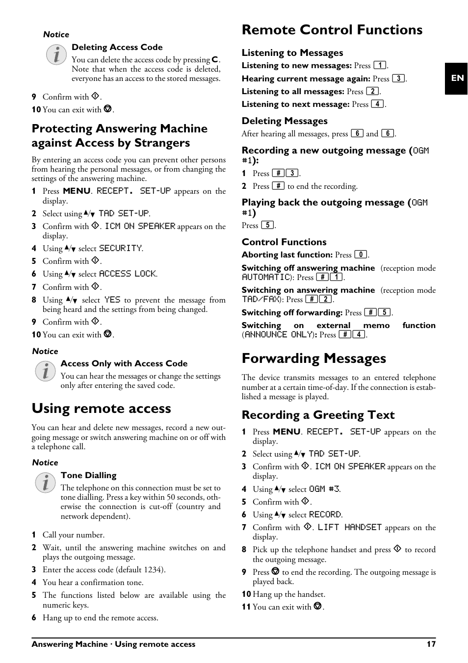 Using remote access, Remote control functions, Forwarding messages | Recording a greeting text | Philips FAXJET IPF525 User Manual | Page 17 / 44