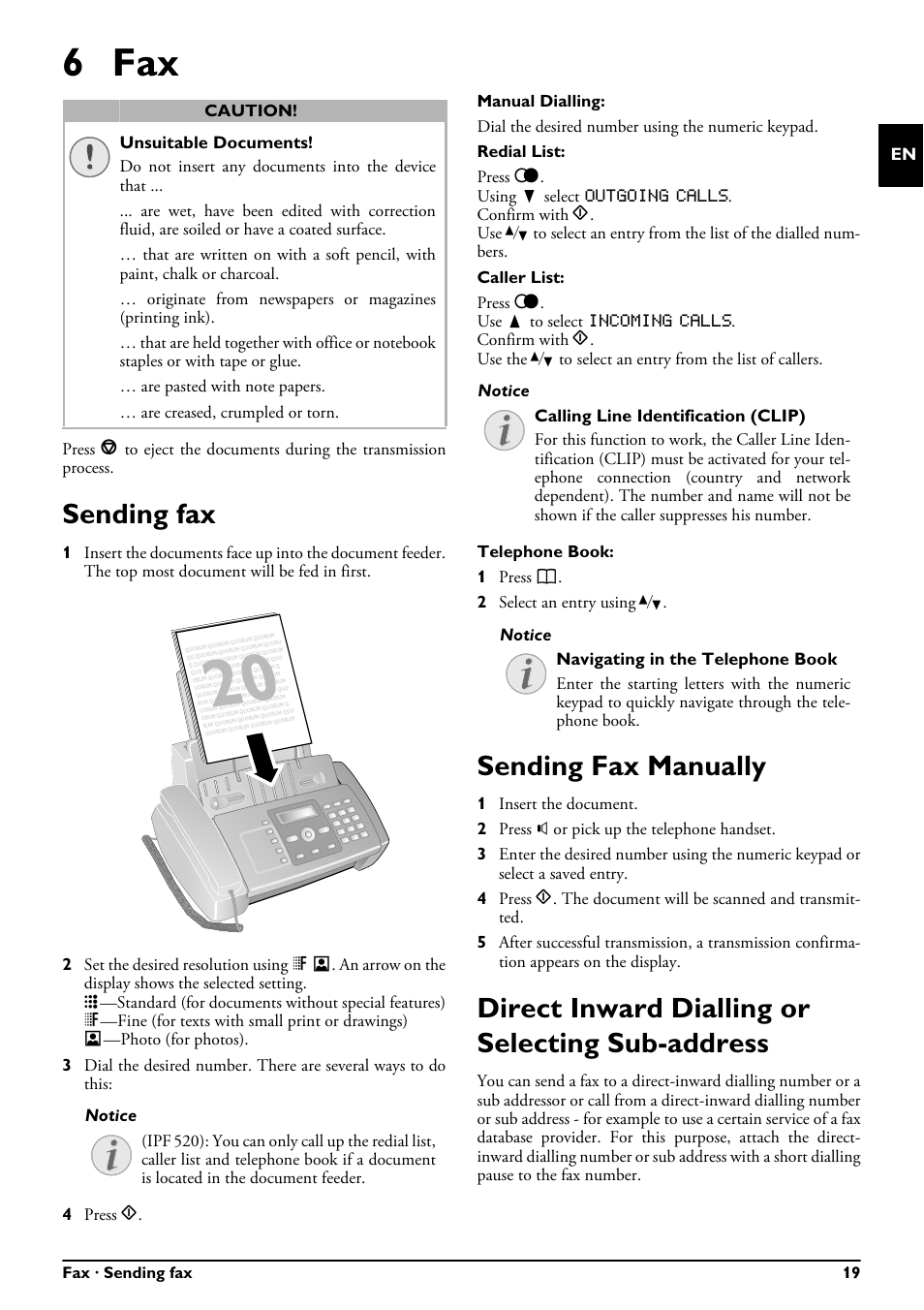 6 fax, Sending fax, Sending fax manually | Direct inward dialling or selecting sub-address | Philips FAXJET IPF525 User Manual | Page 19 / 44