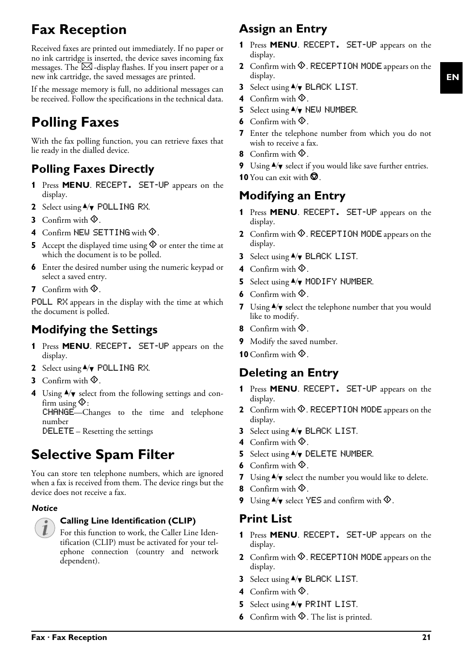 Fax reception, Polling faxes, Polling faxes directly | Modifying the settings, Selective spam filter, Assign an entry, Modifying an entry, Deleting an entry, Print list, Fax reception polling faxes selective spam filter | Philips FAXJET IPF525 User Manual | Page 21 / 44