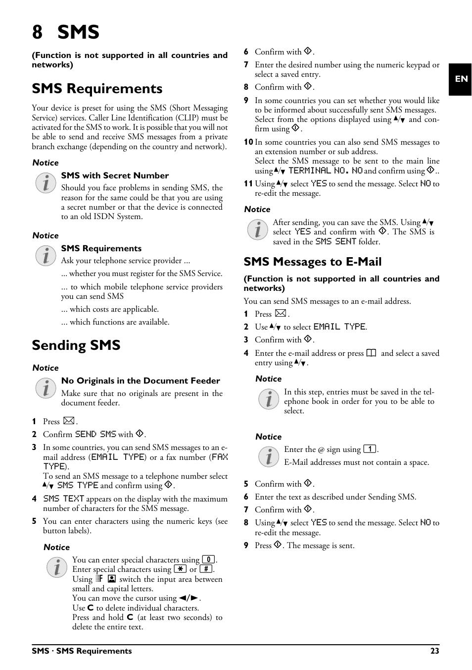 8 sms, Sms requirements, Sending sms | Sms messages to e-mail, Sms requirements sending sms | Philips FAXJET IPF525 User Manual | Page 23 / 44