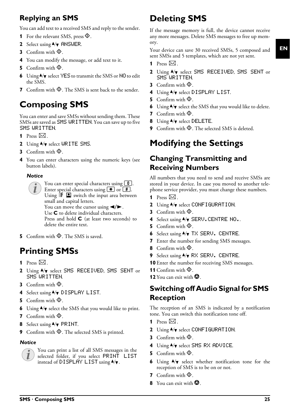 Replying an sms, Composing sms, Printing smss | Deleting sms, Modifying the settings, Changing transmitting and receiving numbers, Switching off audio signal for sms reception | Philips FAXJET IPF525 User Manual | Page 25 / 44