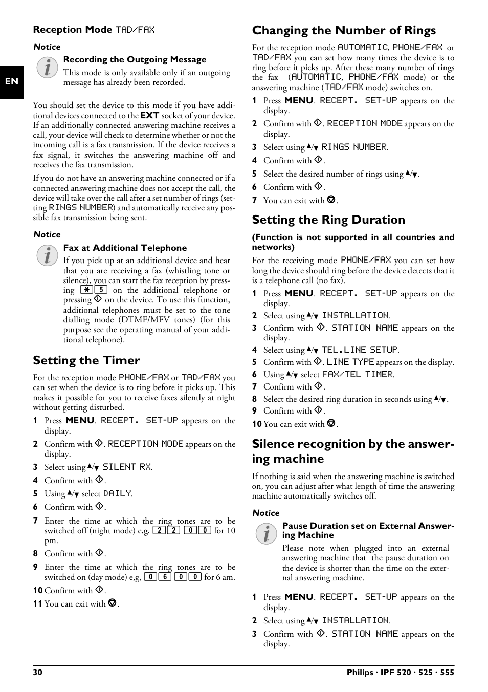 Setting the timer, Changing the number of rings, Setting the ring duration | Silence recognition by the answering machine, Silence recognition by the answer- ing machine | Philips FAXJET IPF525 User Manual | Page 30 / 44