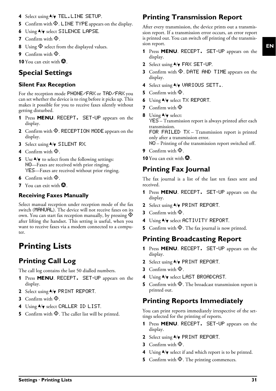 Special settings, Printing lists, Printing call log | Printing transmission report, Printing fax journal, Printing broadcasting report, Printing reports immediately | Philips FAXJET IPF525 User Manual | Page 31 / 44