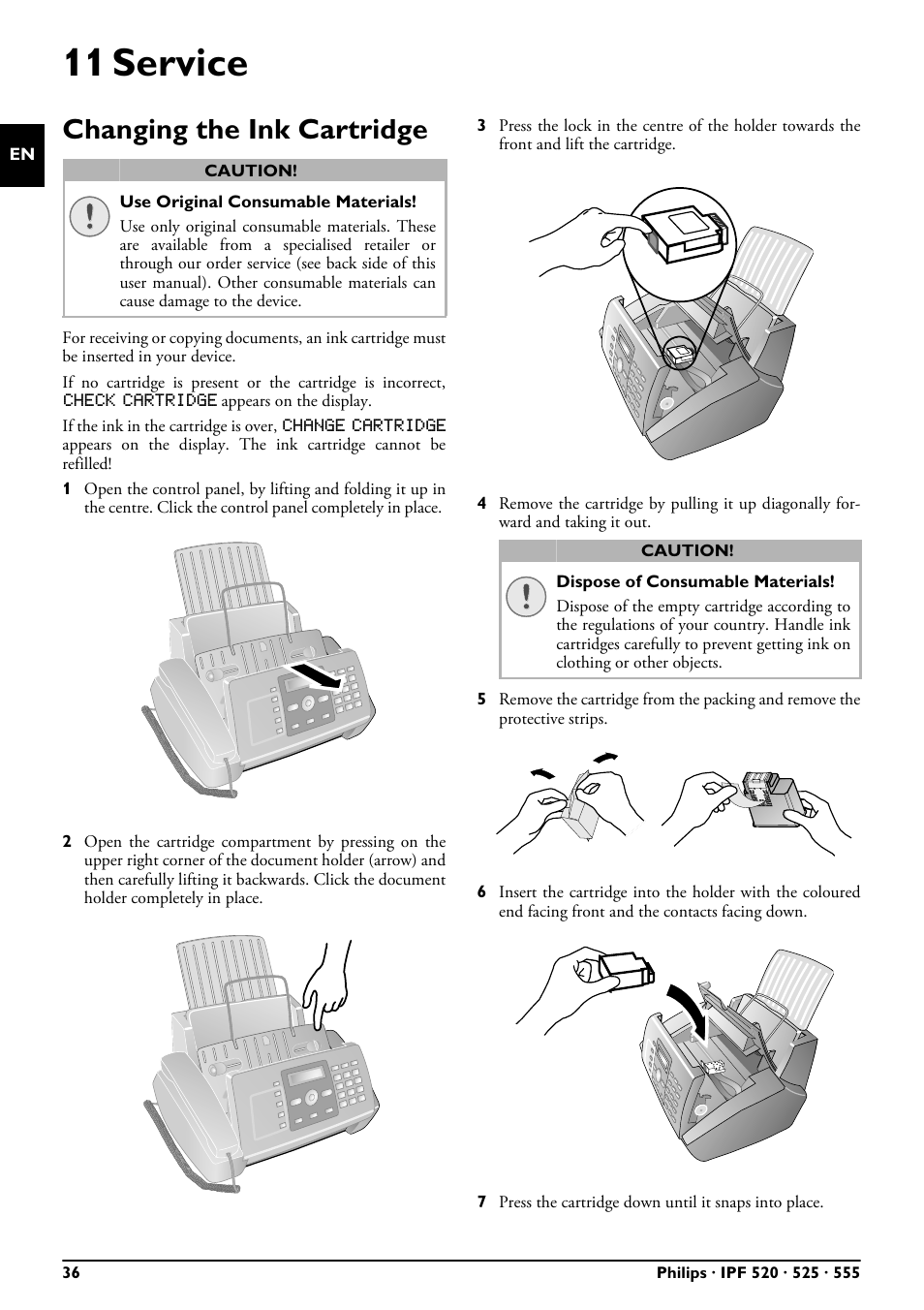 11 service, Changing the ink cartridge | Philips FAXJET IPF525 User Manual | Page 36 / 44