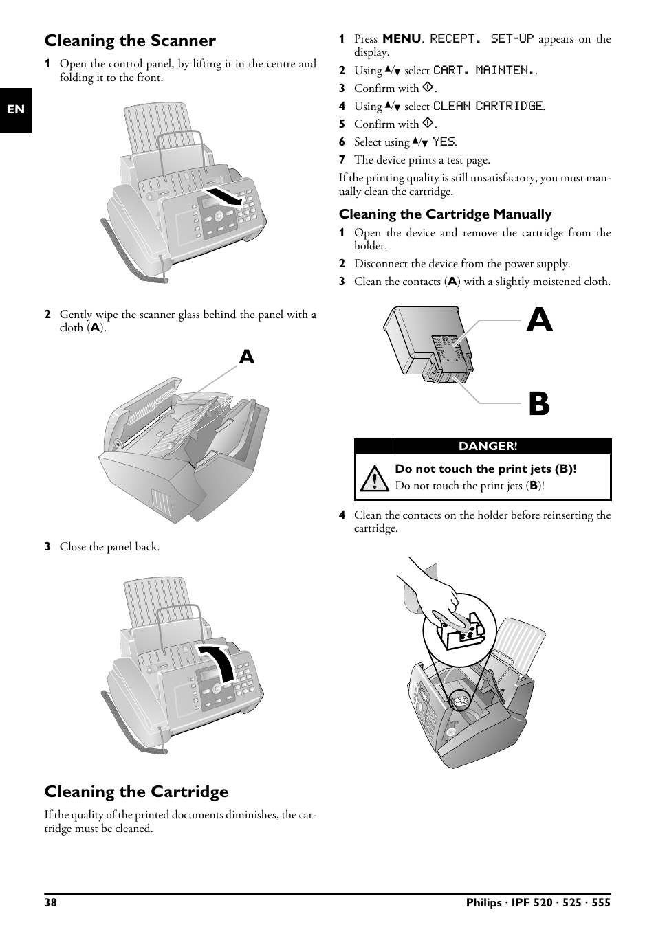 Cleaning the scanner, Cleaning the cartridge | Philips FAXJET IPF525 User Manual | Page 38 / 44