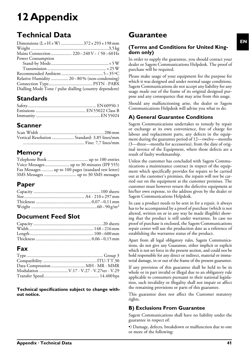 12 appendix, Technical data, Standards | Scanner, Memory, Paper, Document feed slot, Guarantee, Technical data guarantee, Terms and conditions for united king- dom only) | Philips FAXJET IPF525 User Manual | Page 41 / 44