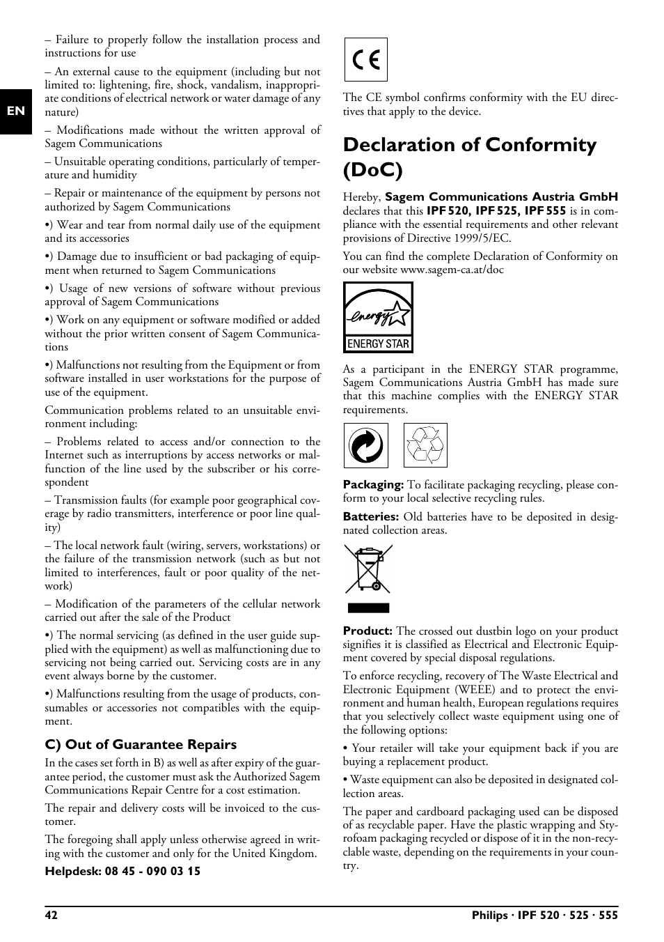 Declaration of conformity (doc), C) out of guarantee repairs | Philips FAXJET IPF525 User Manual | Page 42 / 44