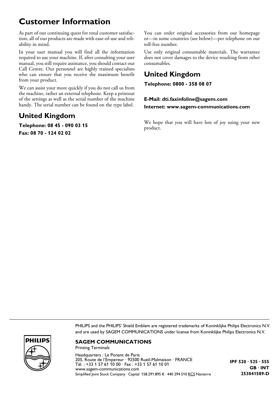 Customer information, United kingdom, Sagem communications | Philips FAXJET IPF525 User Manual | Page 44 / 44