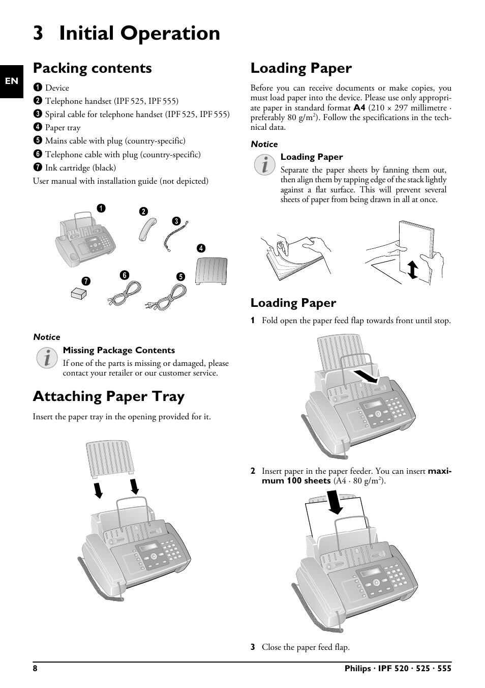 3 initial operation, Packing contents, Attaching paper tray | Loading paper | Philips FAXJET IPF525 User Manual | Page 8 / 44