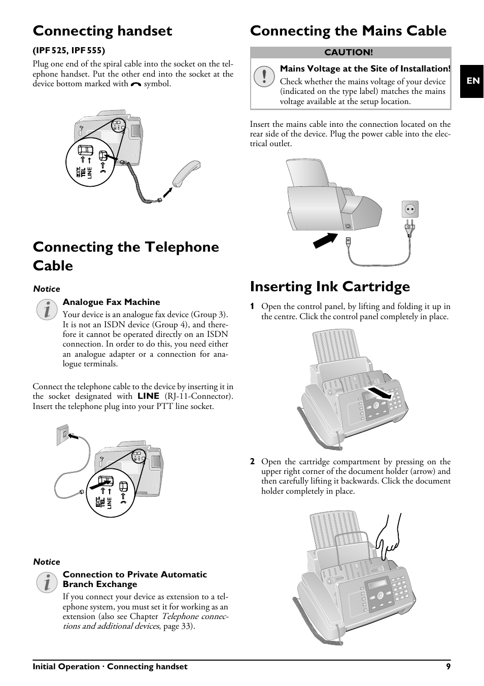 Connecting handset, Connecting the telephone cable, Connecting the mains cable | Inserting ink cartridge | Philips FAXJET IPF525 User Manual | Page 9 / 44