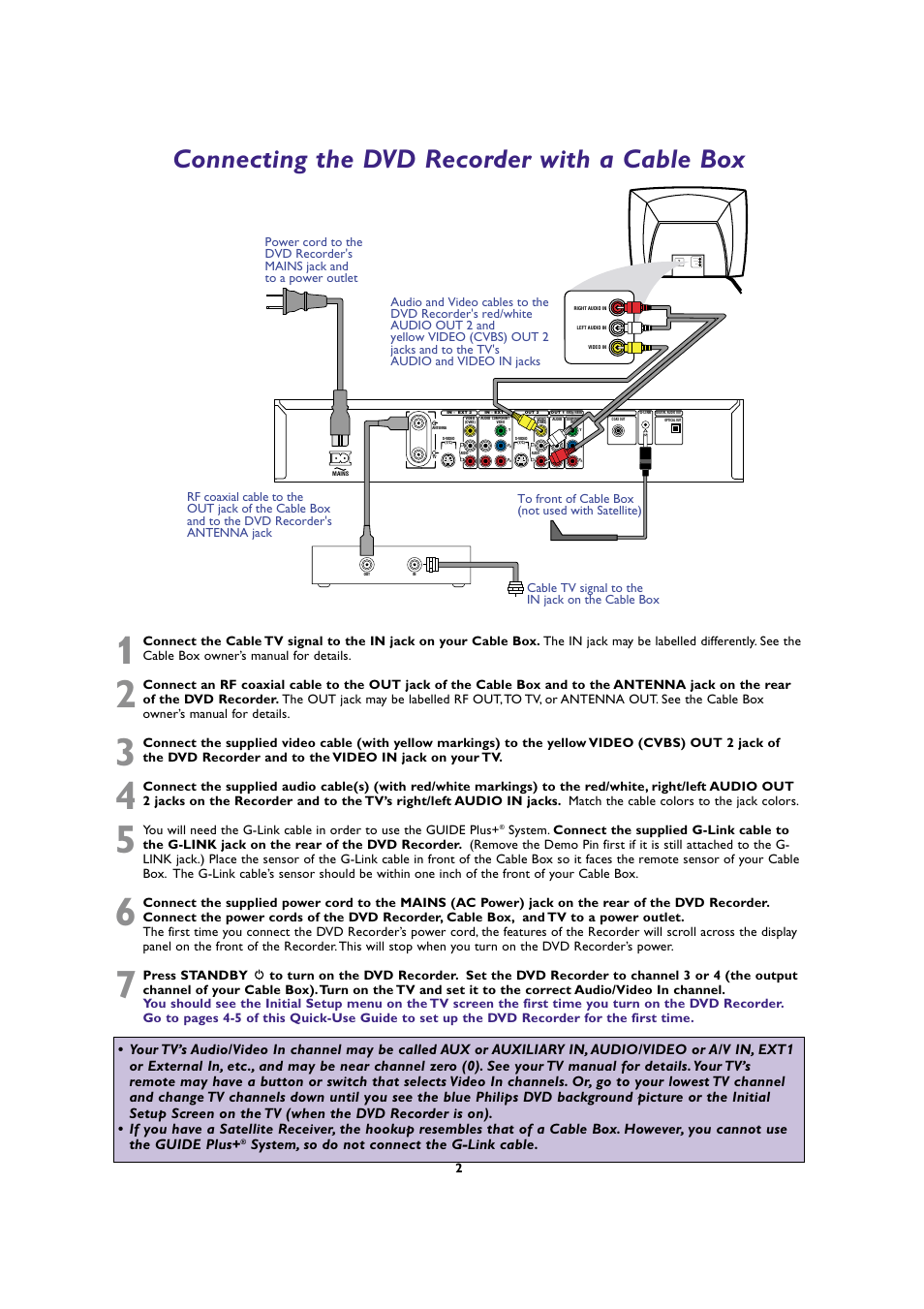 Connecting the dvd recorder with a cable box, Left audio in right audio in video in, System, so do not connect the g-link cable | Philips DVDR80 User Manual | Page 2 / 8