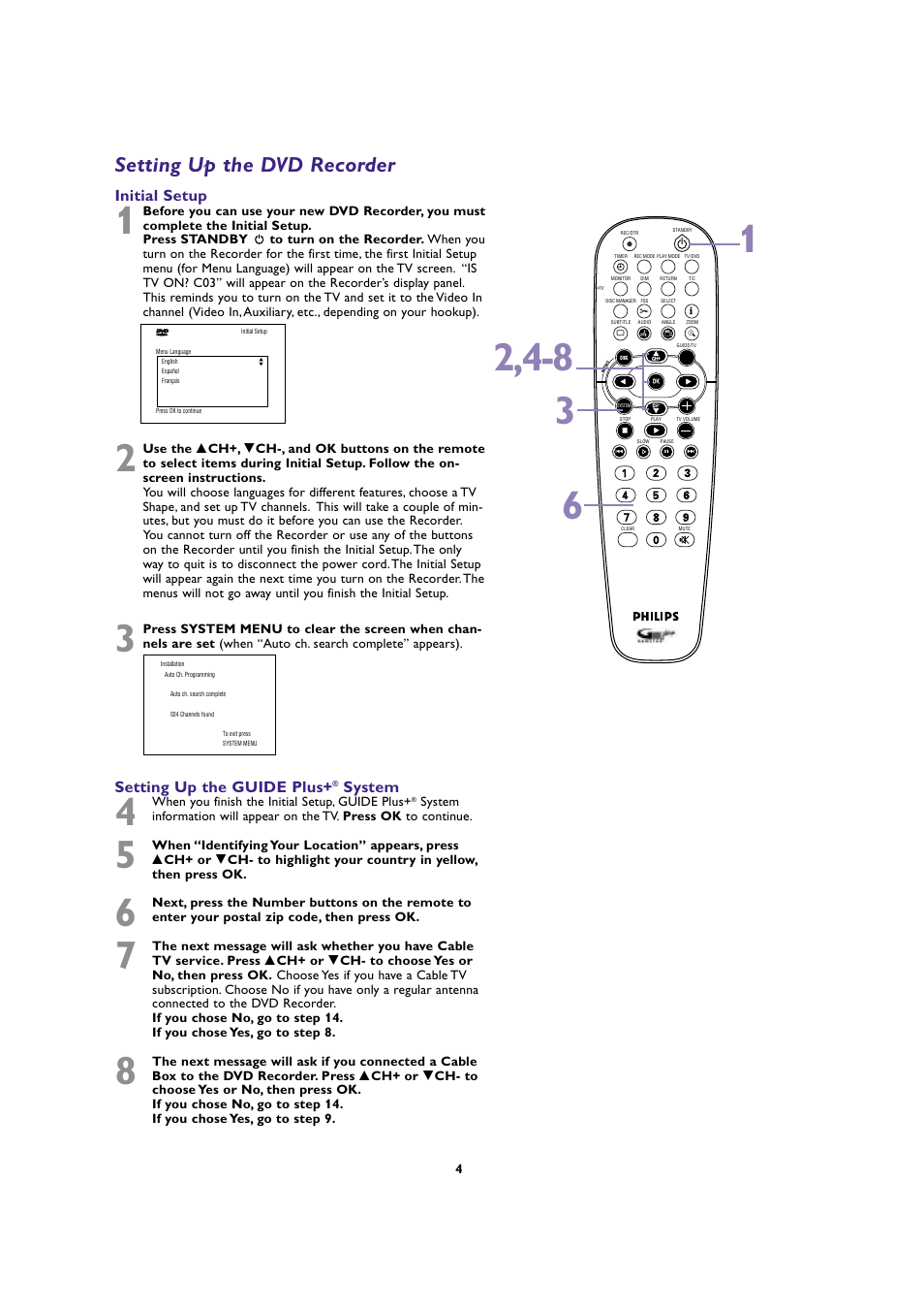 Setting up the dvd recorder, Initial setup, Setting up the guide plus | System | Philips DVDR80 User Manual | Page 4 / 8