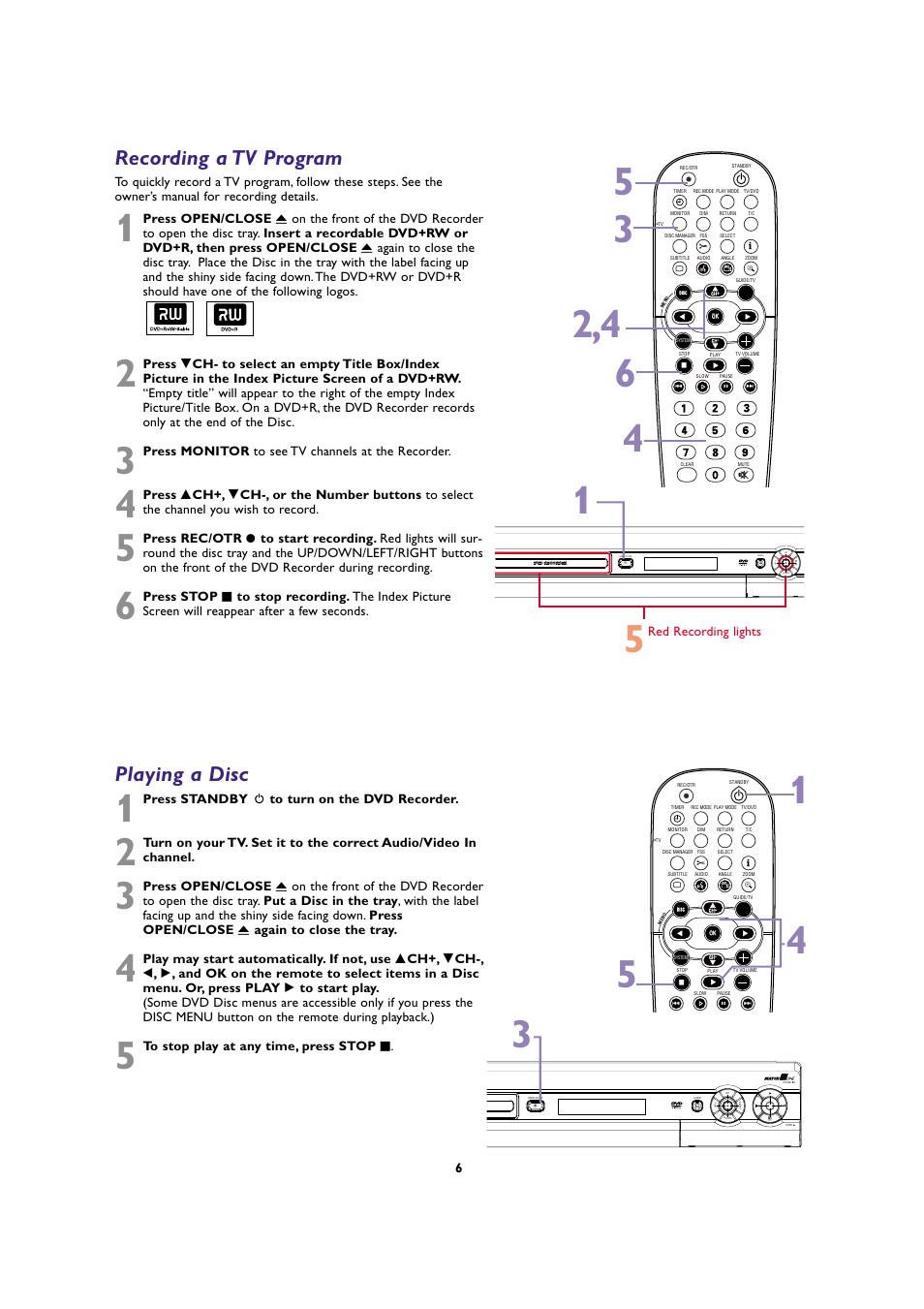 Playing a disc, Recording a tv program | Philips DVDR80 User Manual | Page 6 / 8