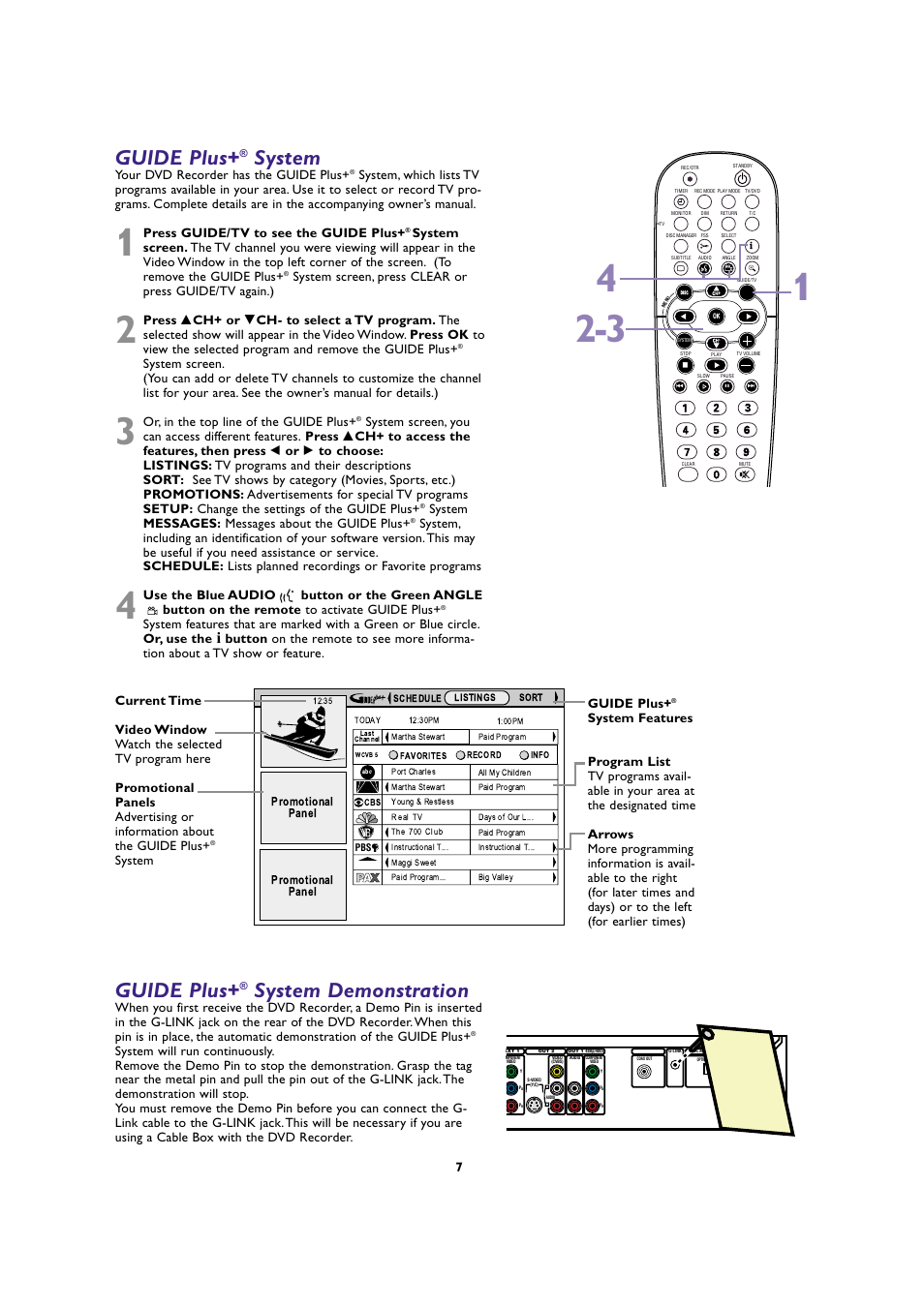 Guide plus, System demonstration, System | Your dvd recorder has the guide plus, Press guide/tv to see the guide plus, Or, in the top line of the guide plus, System messages: messages about the guide plus, System guide plus | Philips DVDR80 User Manual | Page 7 / 8