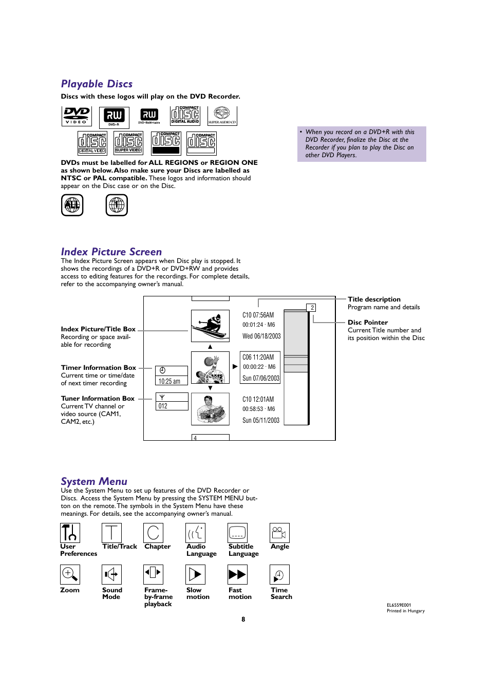 Yd h, Index picture screen, System menu | Playable discs | Philips DVDR80 User Manual | Page 8 / 8