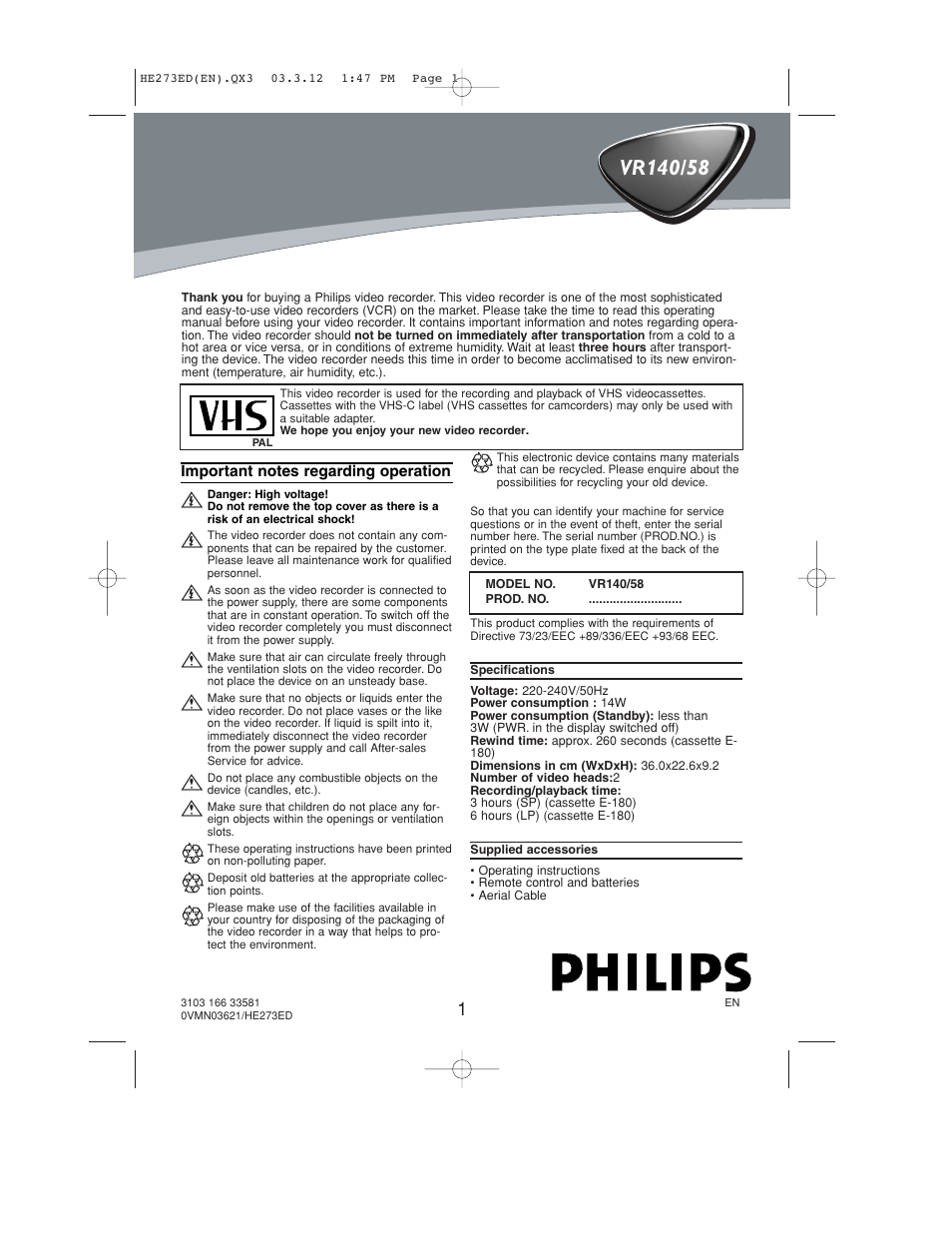 Philips VR158 User Manual | 16 pages