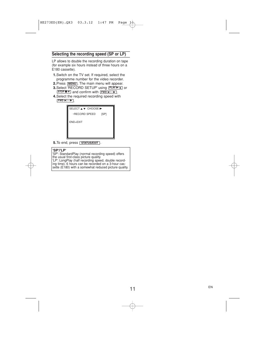 Selecting the recording speed (sp or lp) | Philips VR158 User Manual | Page 11 / 16