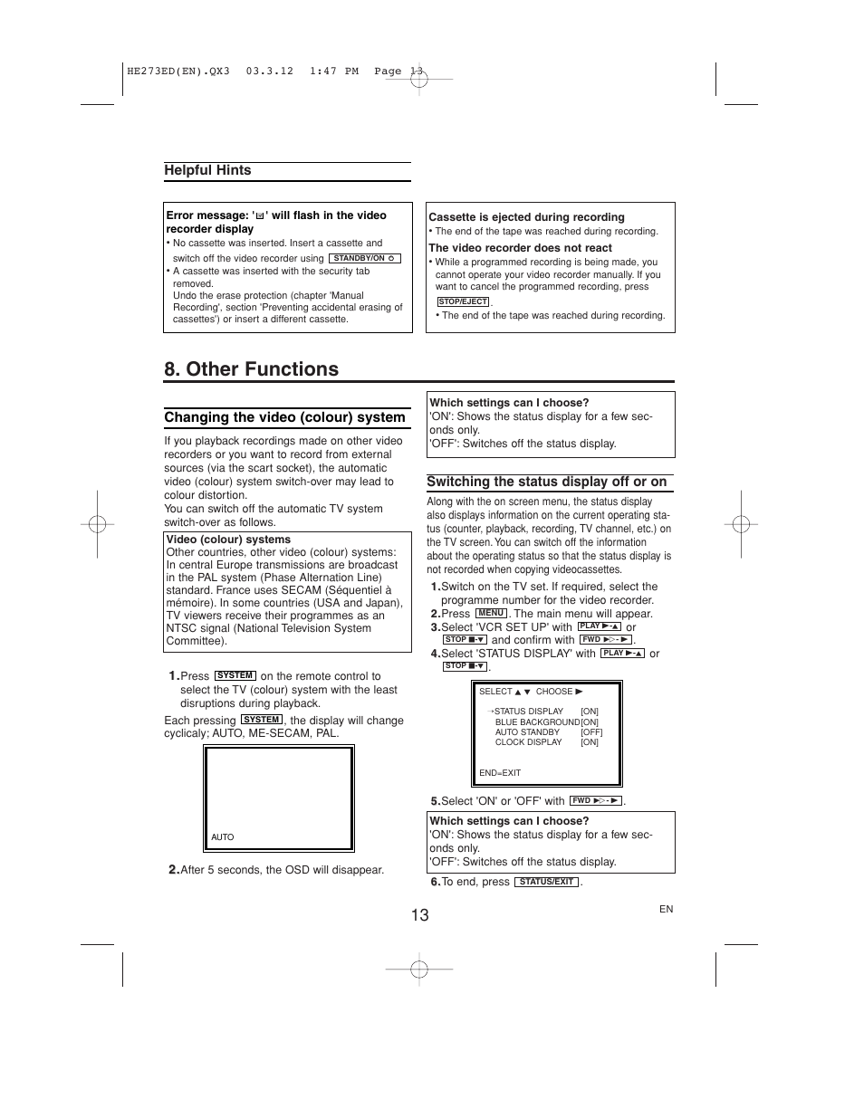 Other functions, Helpful hints, Changing the video (colour) system | Switching the status display off or on | Philips VR158 User Manual | Page 13 / 16