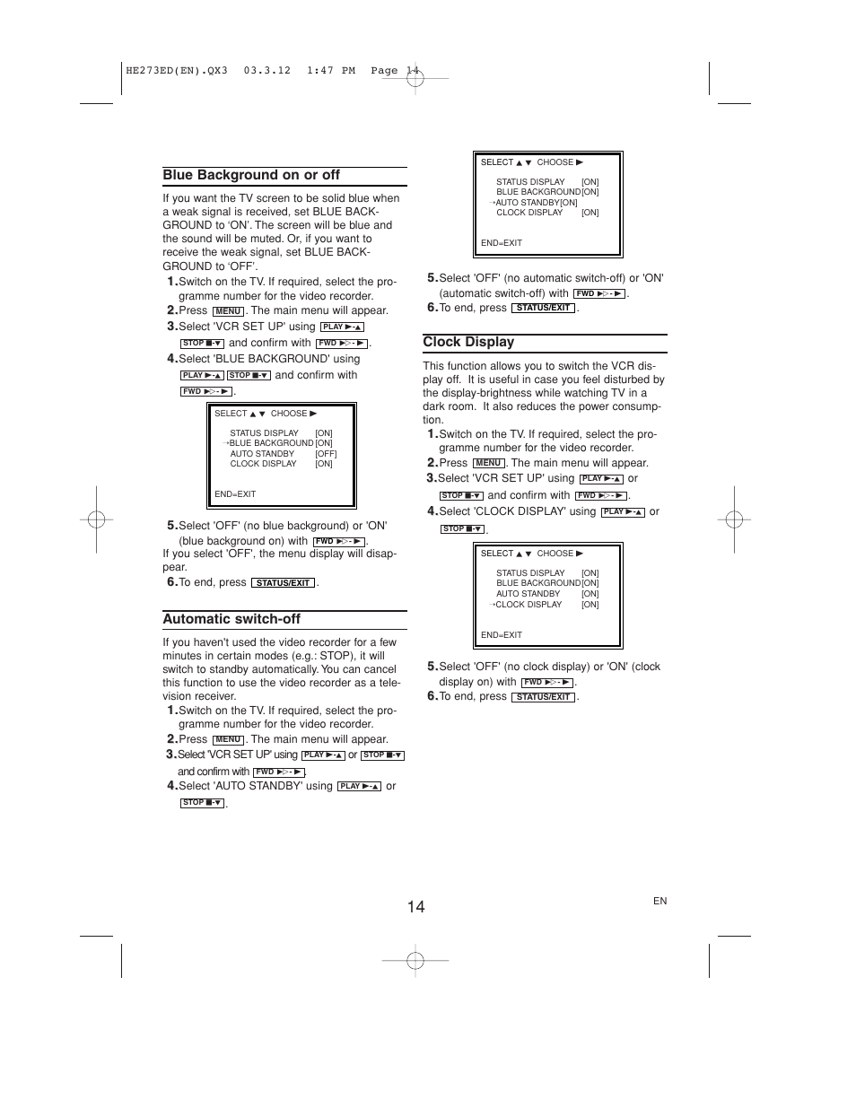 Blue background on or off, Automatic switch-off, Clock display | Philips VR158 User Manual | Page 14 / 16