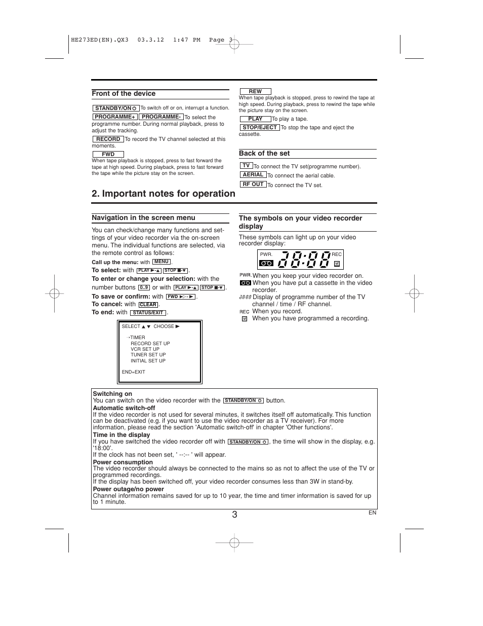 Front of the device, Back of the set, Navigation in the screen menu | The symbols on your video recorder display | Philips VR158 User Manual | Page 3 / 16