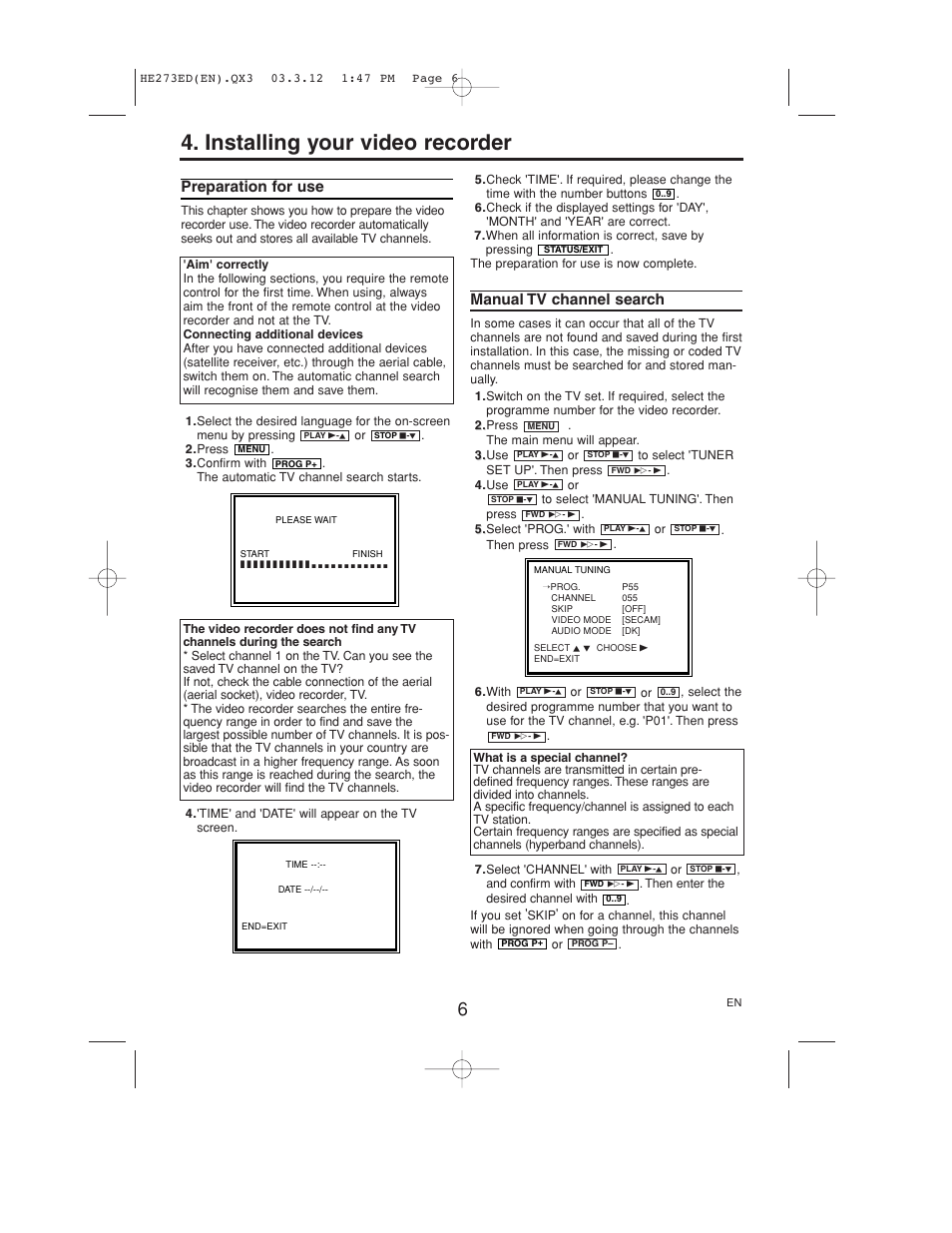 Installing your video recorder, Preparation for use, Manual tv channel search | Philips VR158 User Manual | Page 6 / 16