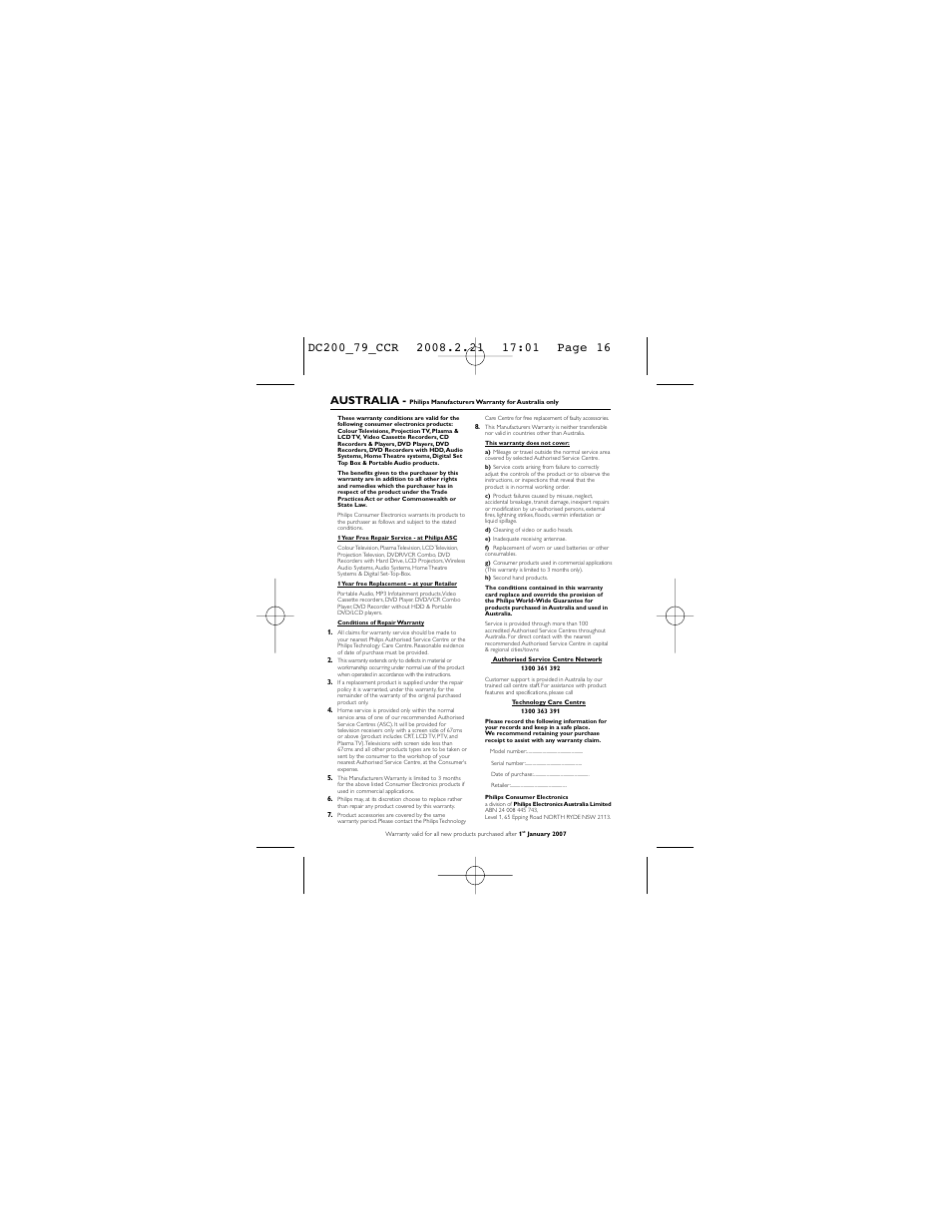 Australia | Philips DC200/79 User Manual | Page 16 / 18