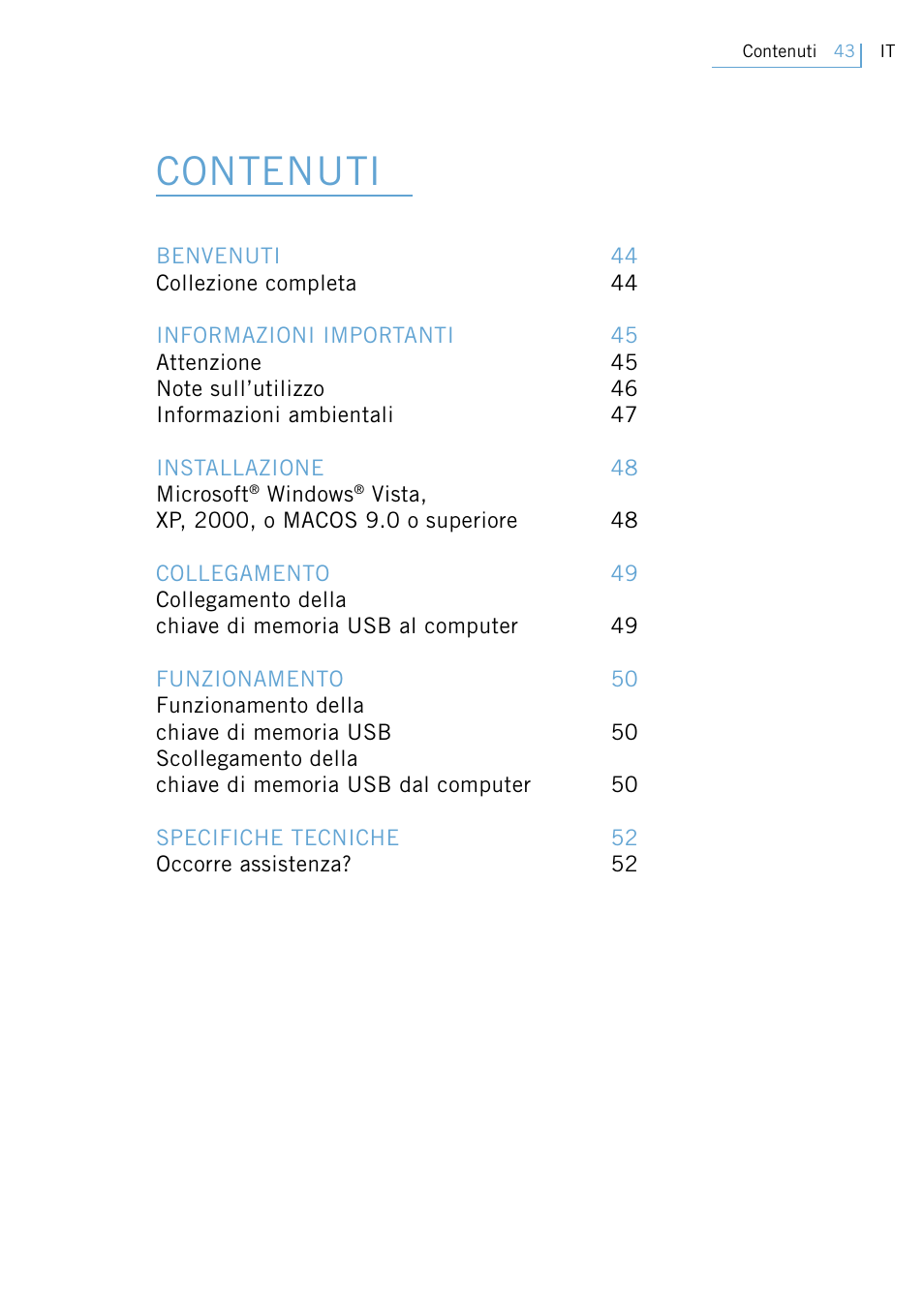 Istruzioni per l’uso, Contenuti | Philips FM02SW31 User Manual | Page 45 / 104