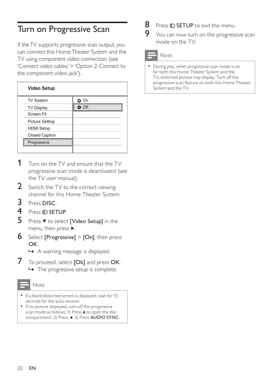 Turn on progressive scan | Philips HTS3371D/F7 User Manual | Page 20 / 54
