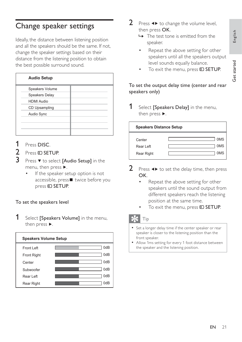 Change speaker settings | Philips HTS3371D/F7 User Manual | Page 21 / 54