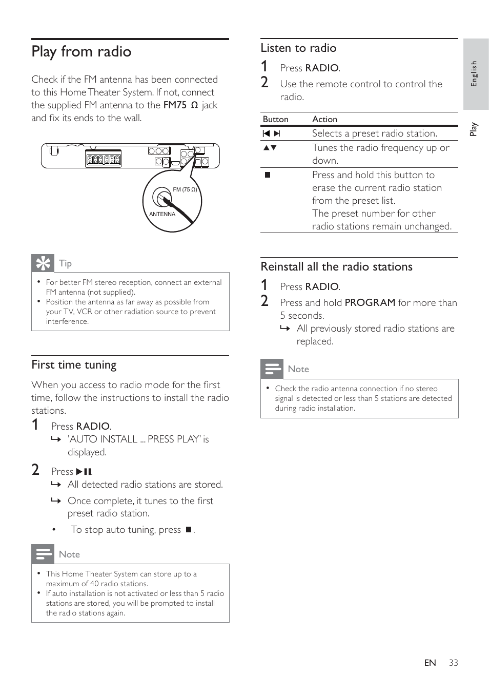 Play from radio | Philips HTS3371D/F7 User Manual | Page 33 / 54