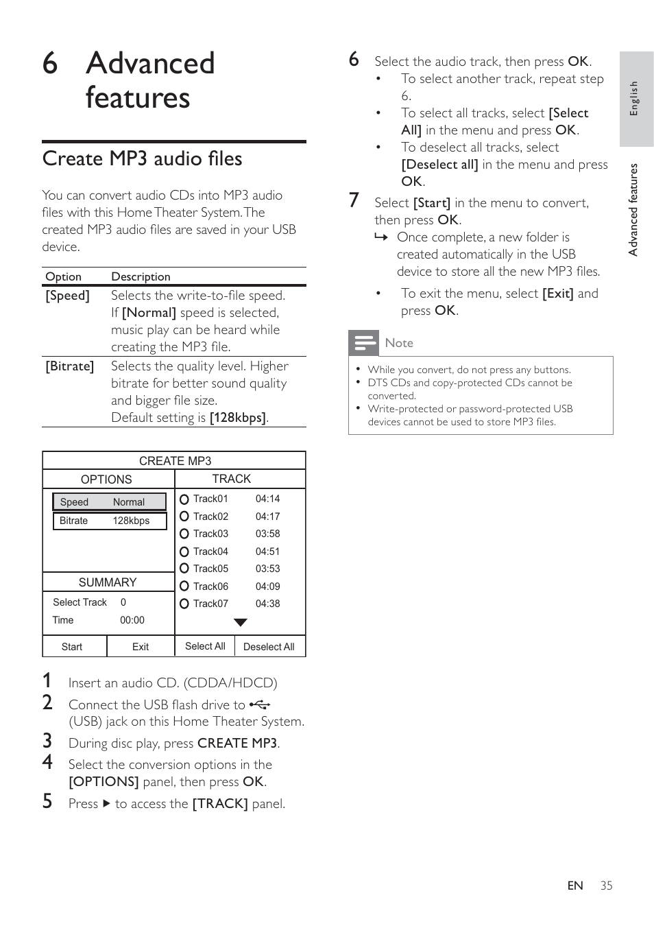 6 advanced features, Create mp3 audio à les | Philips HTS3371D/F7 User Manual | Page 35 / 54