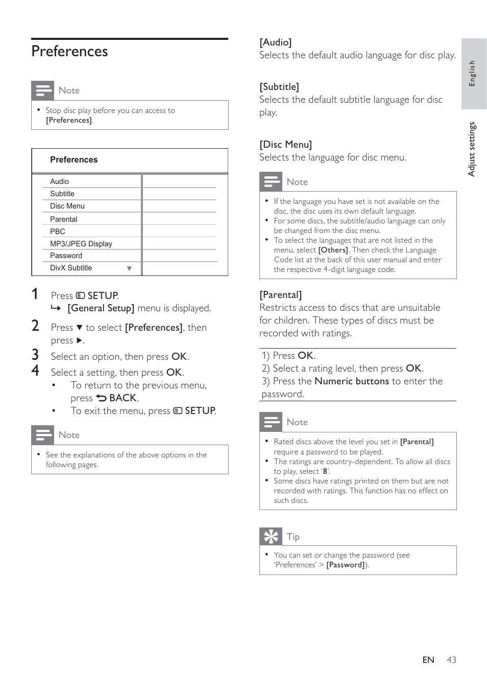 Preferences | Philips HTS3371D/F7 User Manual | Page 43 / 54