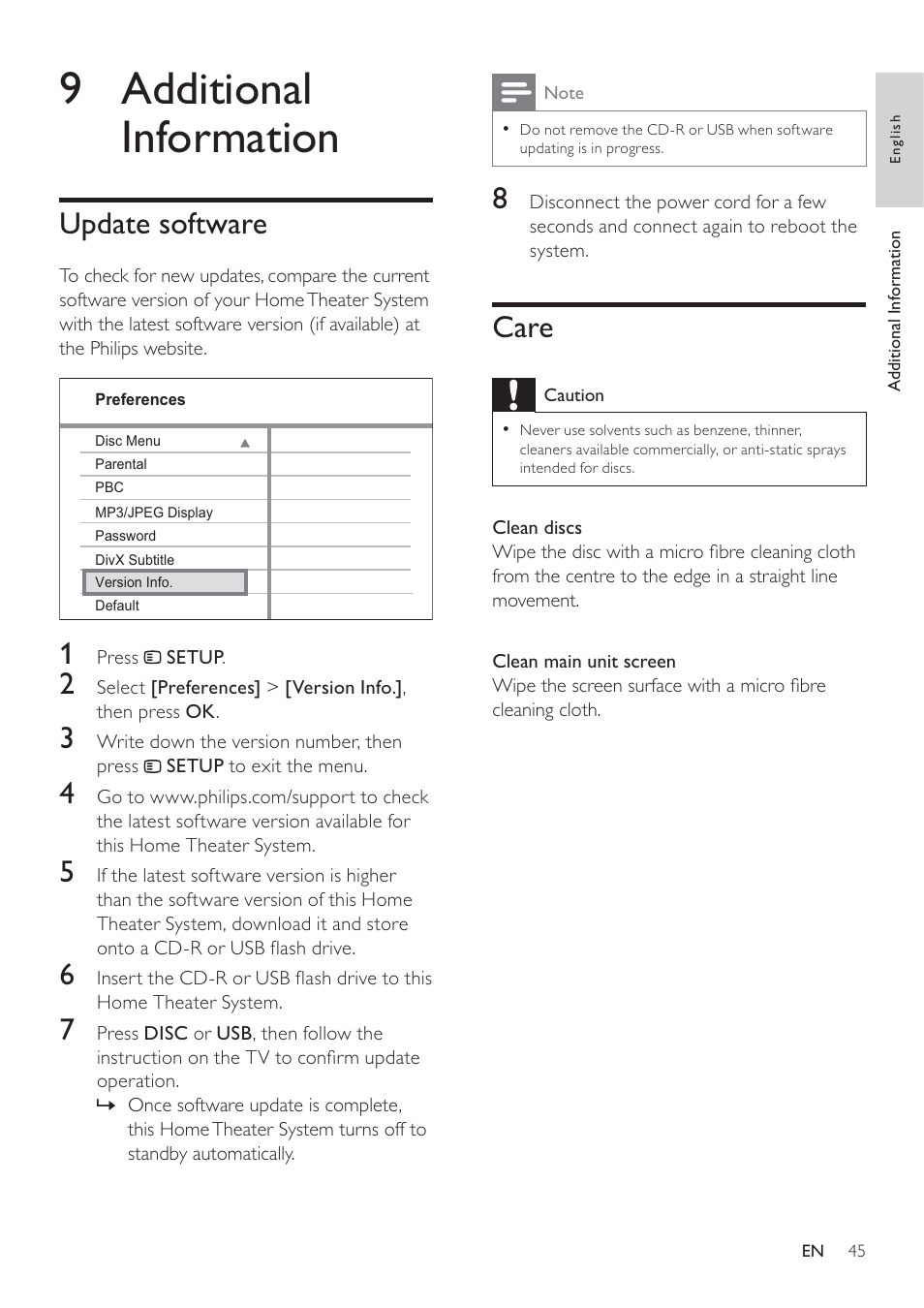 9 additional information, Care, Update software | Philips HTS3371D/F7 User Manual | Page 45 / 54