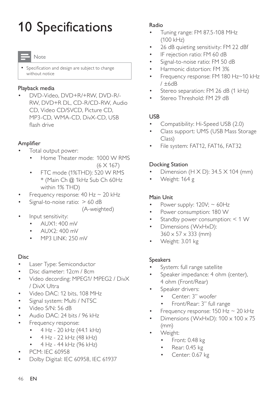 10 specifications | Philips HTS3371D/F7 User Manual | Page 46 / 54