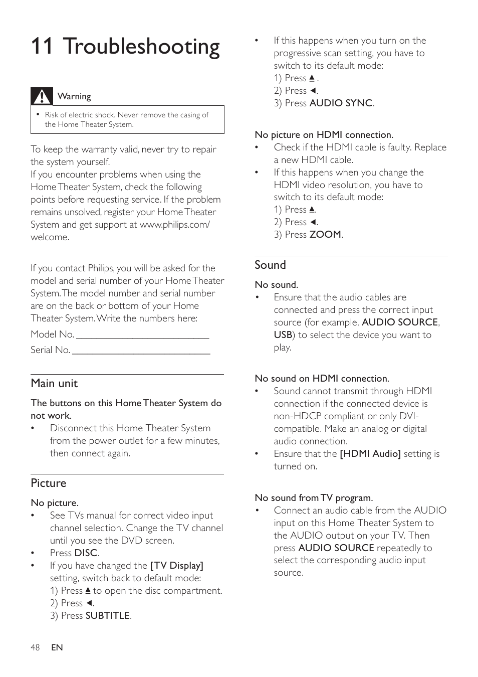 11 troubleshooting, Sound, Main unit | Picture | Philips HTS3371D/F7 User Manual | Page 48 / 54