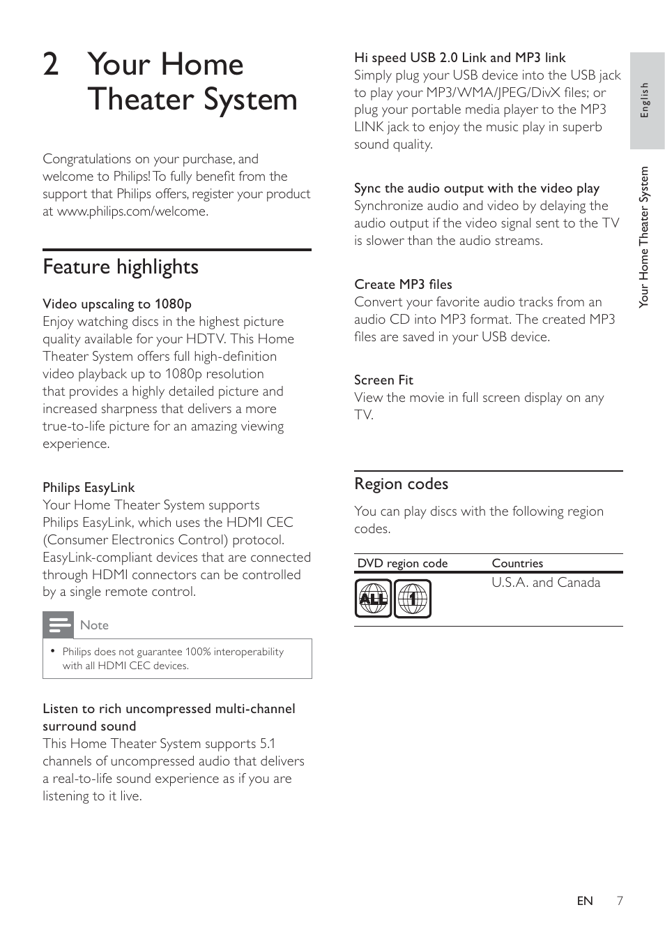 2 your home theater system, Feature highlights, Region codes | Philips HTS3371D/F7 User Manual | Page 7 / 54