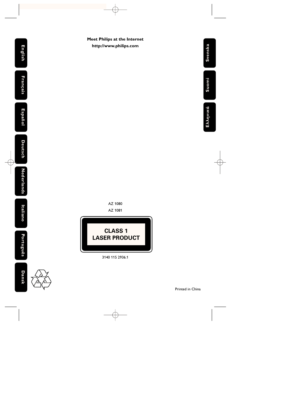 Class 1 laser product | Philips AZ1080 User Manual | Page 6 / 14