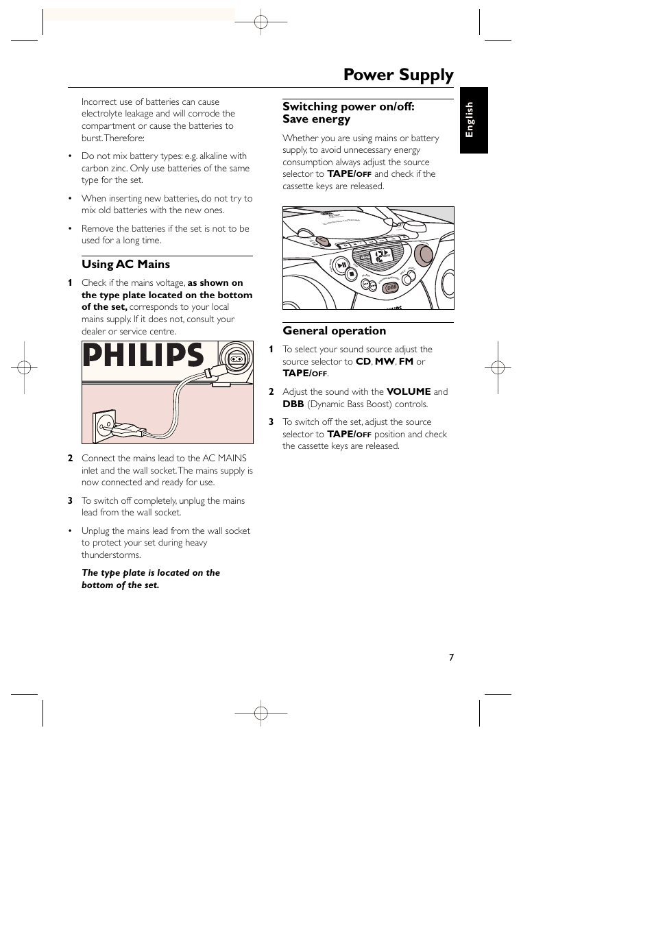 Power supply, Using ac mains, Switching power on/off: save energy | General operation, And check if the cassette keys are released, Position and check the cassette keys are released, Play stop • ope n paus e sear ch sear ch | Philips AZ1080 User Manual | Page 8 / 14