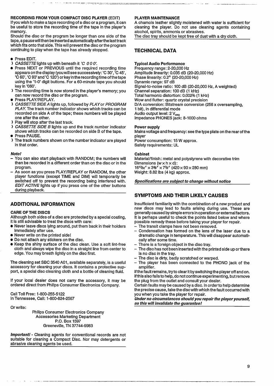 Additional information, Technical data, Symptoms and their likely causes | Philips CD 840 User Manual | Page 11 / 14