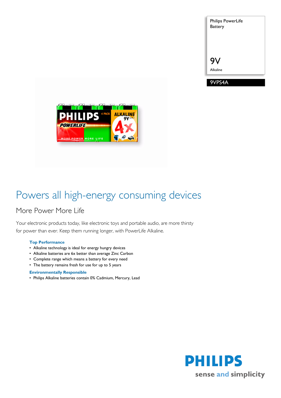 Philips Power Life 9VPS4A User Manual | 2 pages