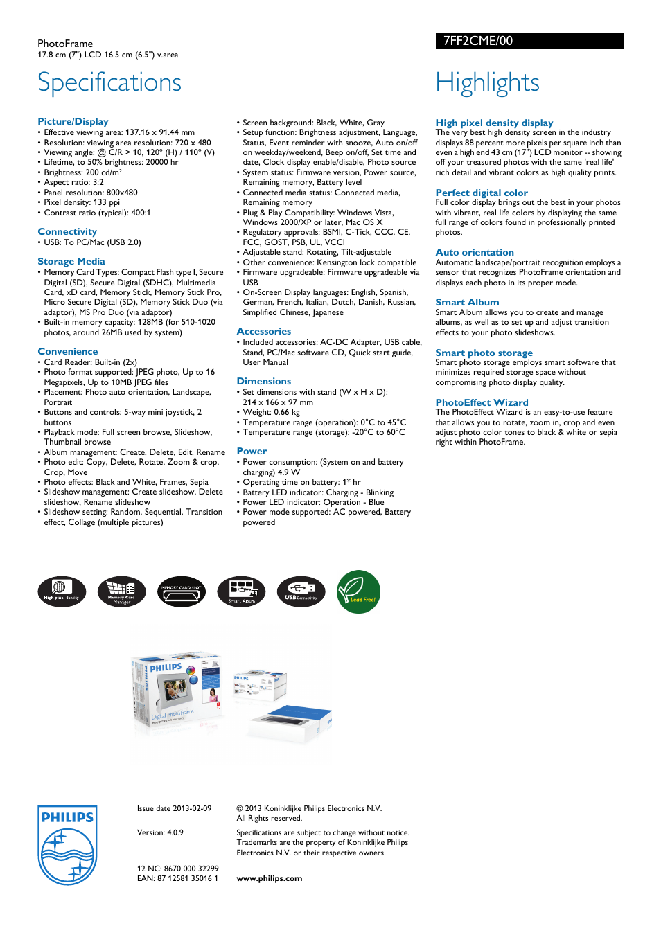 Specifications, Highlights, 7ff2cme/00 | Philips 7FF2CME User Manual | Page 2 / 2