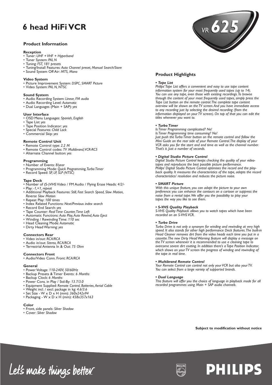 6 head hifi vcr | Philips VR 625 User Manual | Page 2 / 2