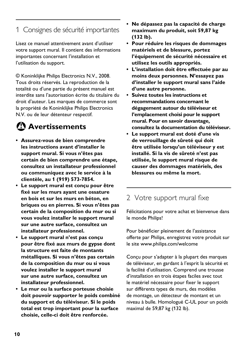 Avertissements, 1 consignes de sécurité importantes, 2 votre support mural fixe | Philips SQM5222/27 User Manual | Page 10 / 24