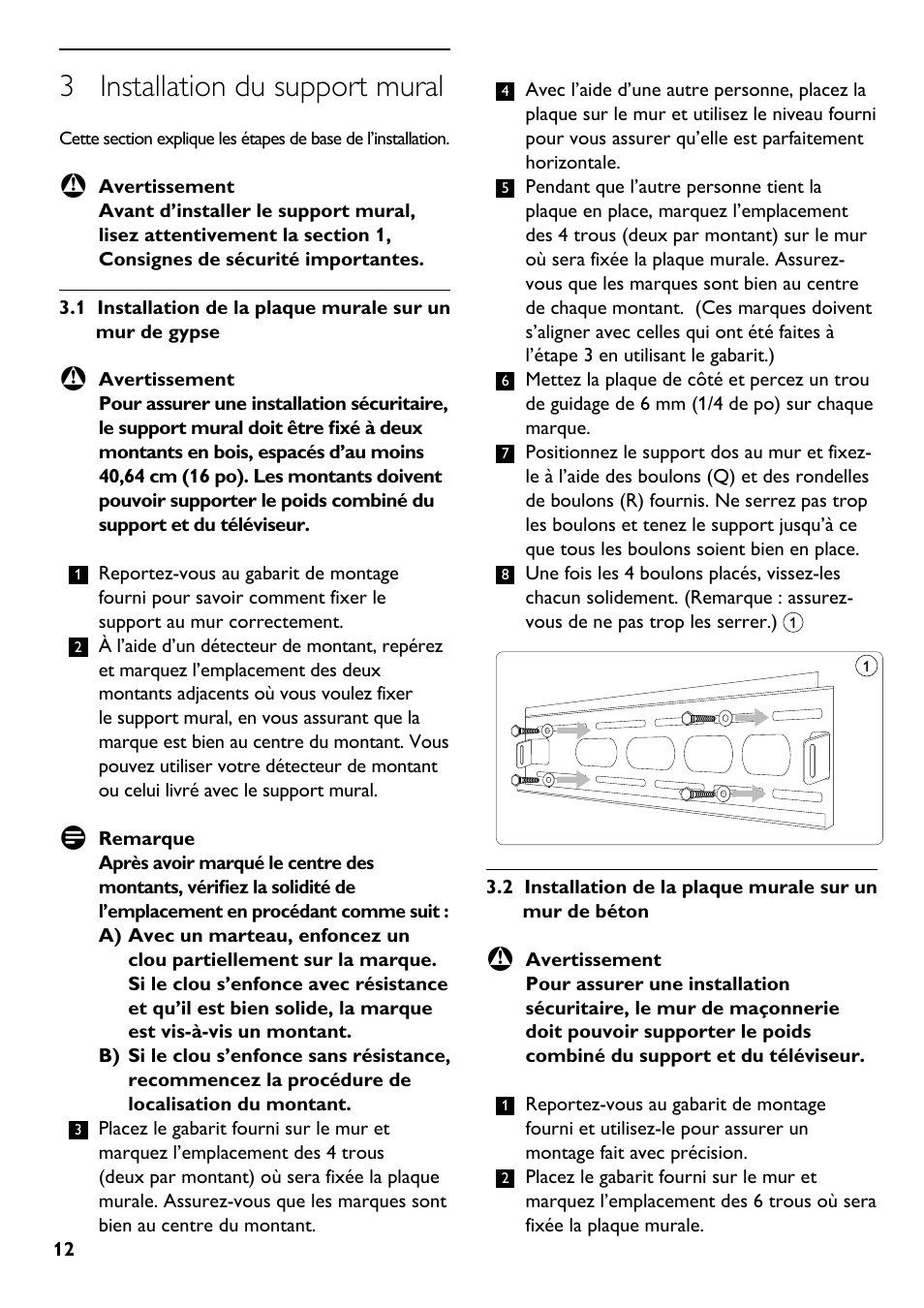 3 installation du support mural | Philips SQM5222/27 User Manual | Page 12 / 24