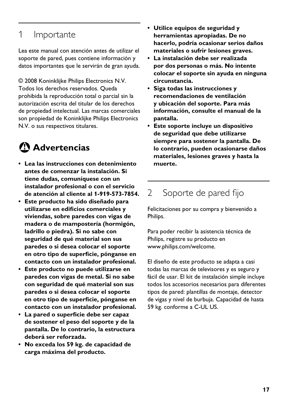 1 importante, 2 soporte de pared fijo, Advertencias | Philips SQM5222/27 User Manual | Page 17 / 24