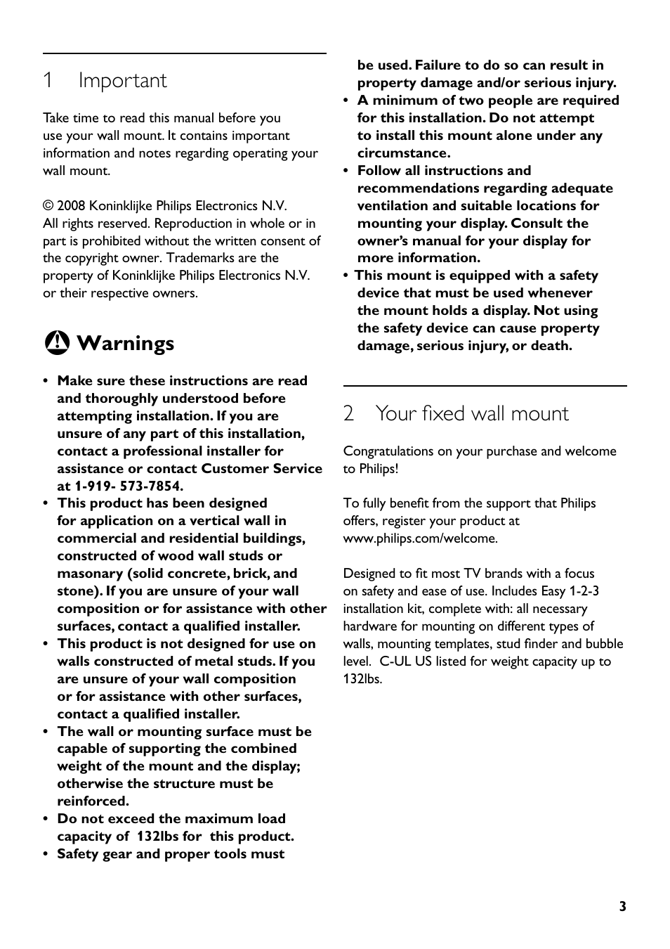 1 important, 2 your fixed wall mount, Warnings | Philips SQM5222/27 User Manual | Page 3 / 24