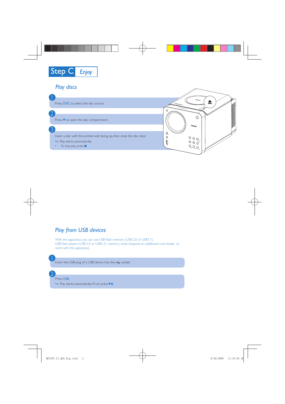 32 1 play discs, Play from usb devices | Philips MCD107 User Manual | Page 3 / 4