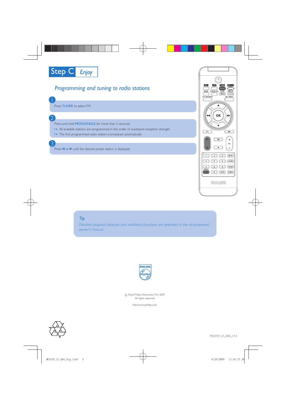 Programming and tuning to radio stations | Philips MCD107 User Manual | Page 4 / 4